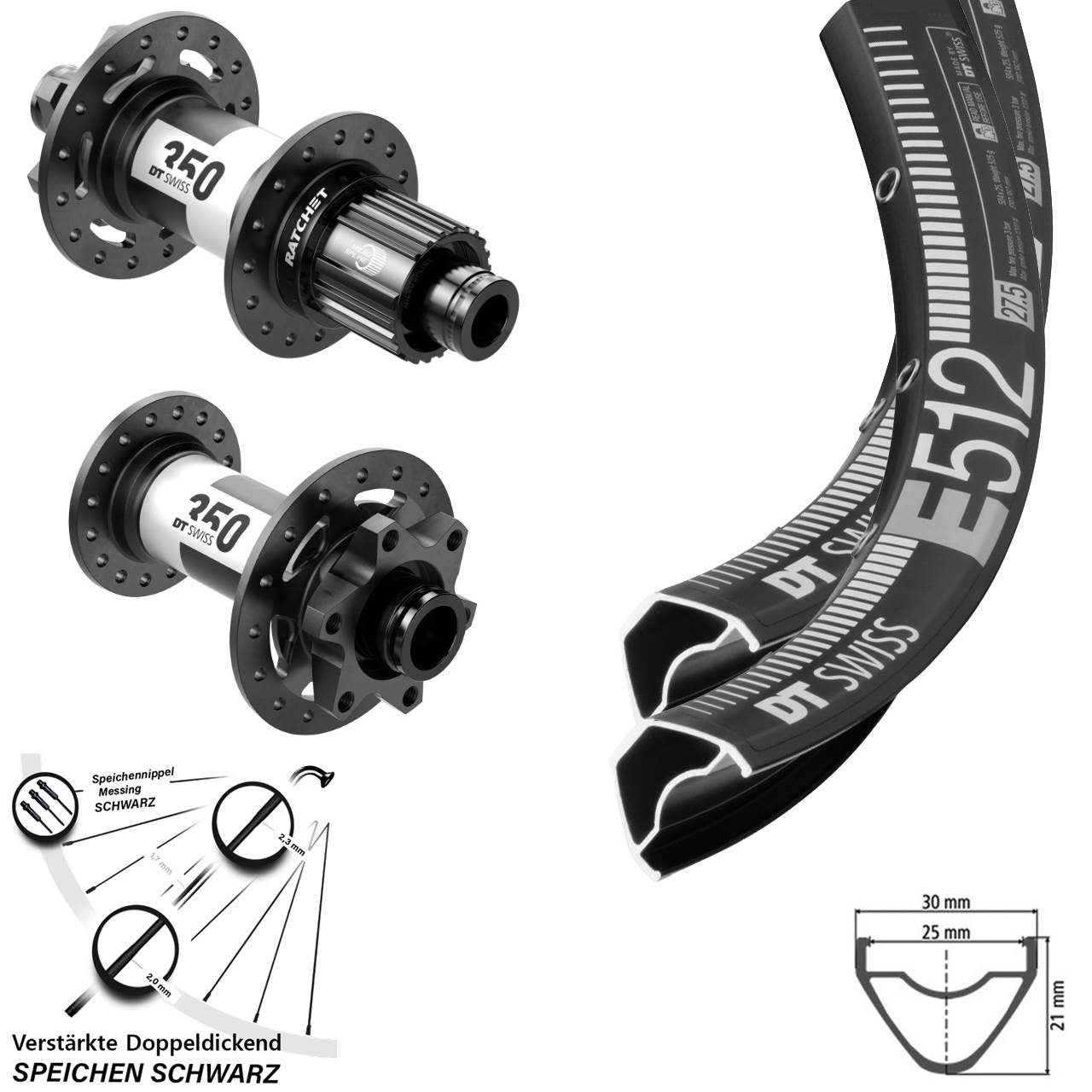 DT Swiss E 512-350 27,5 Zoll 6-Loch Laufradsatz 15x110 12x148 Shimano Micro Spline