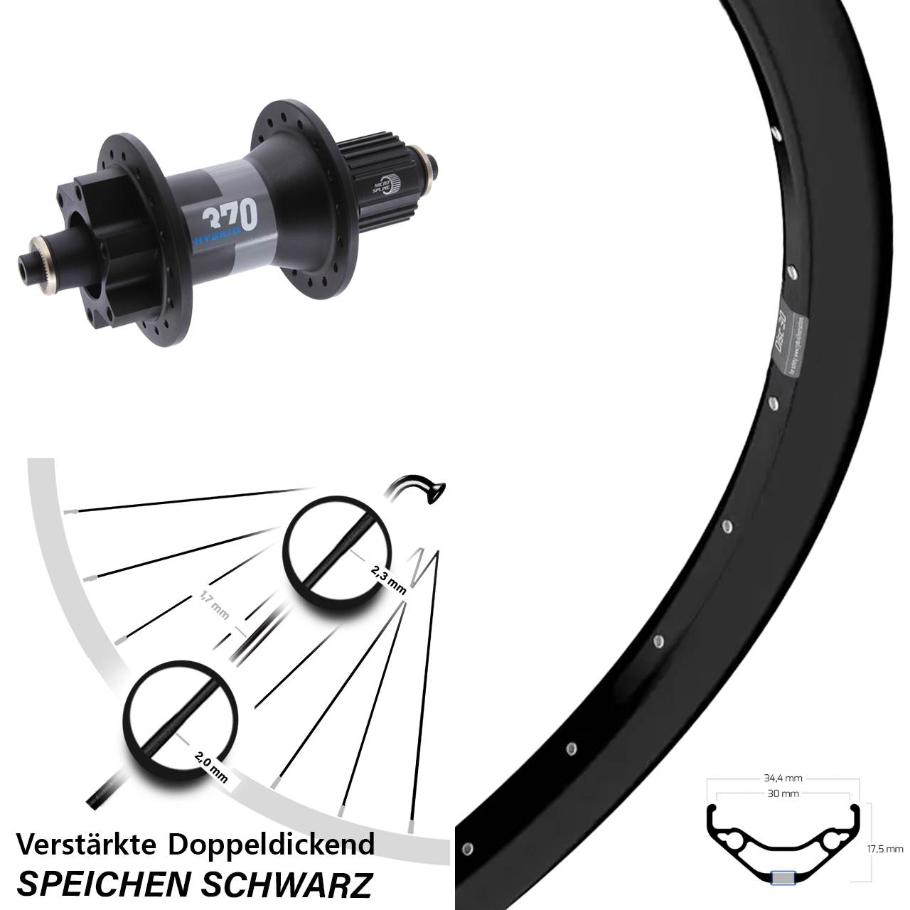 29 Zoll Ryde Disc 30 DT Swiss 370 Hybrid Boost 6-Loch Hinterrad QR Micro Spline