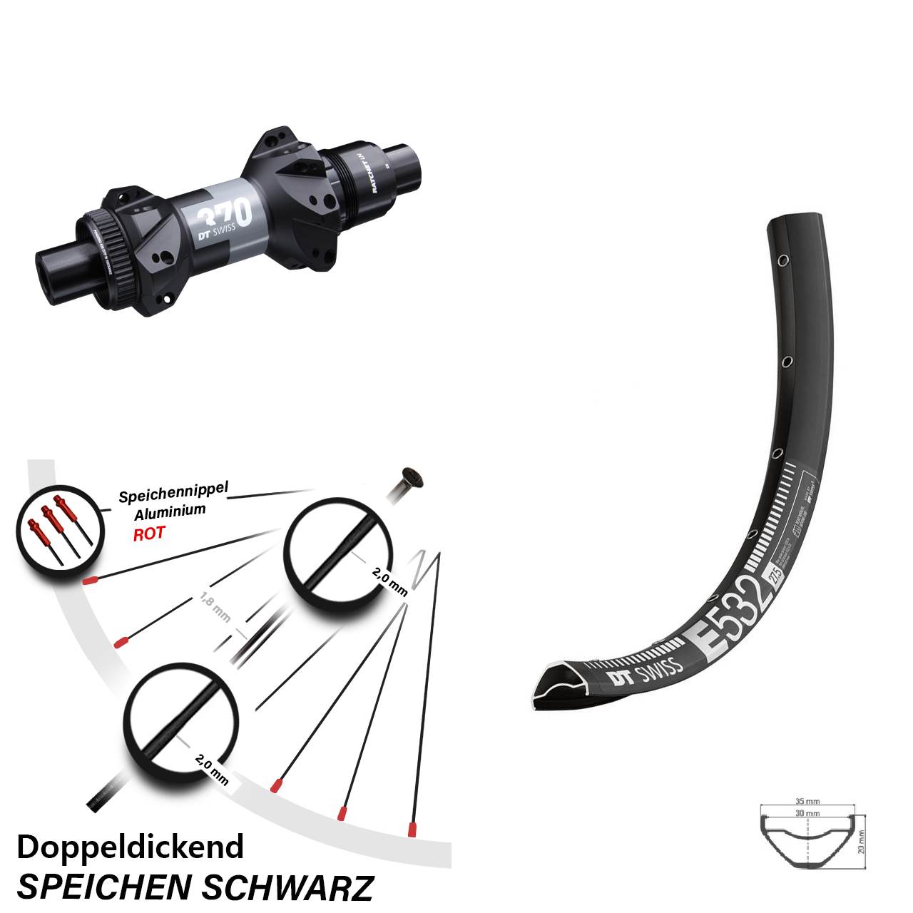 27,5 Zoll Hinteres Rad E 532 DT Swiss 370 Boost Straightpull Sram XD 12x148 mm