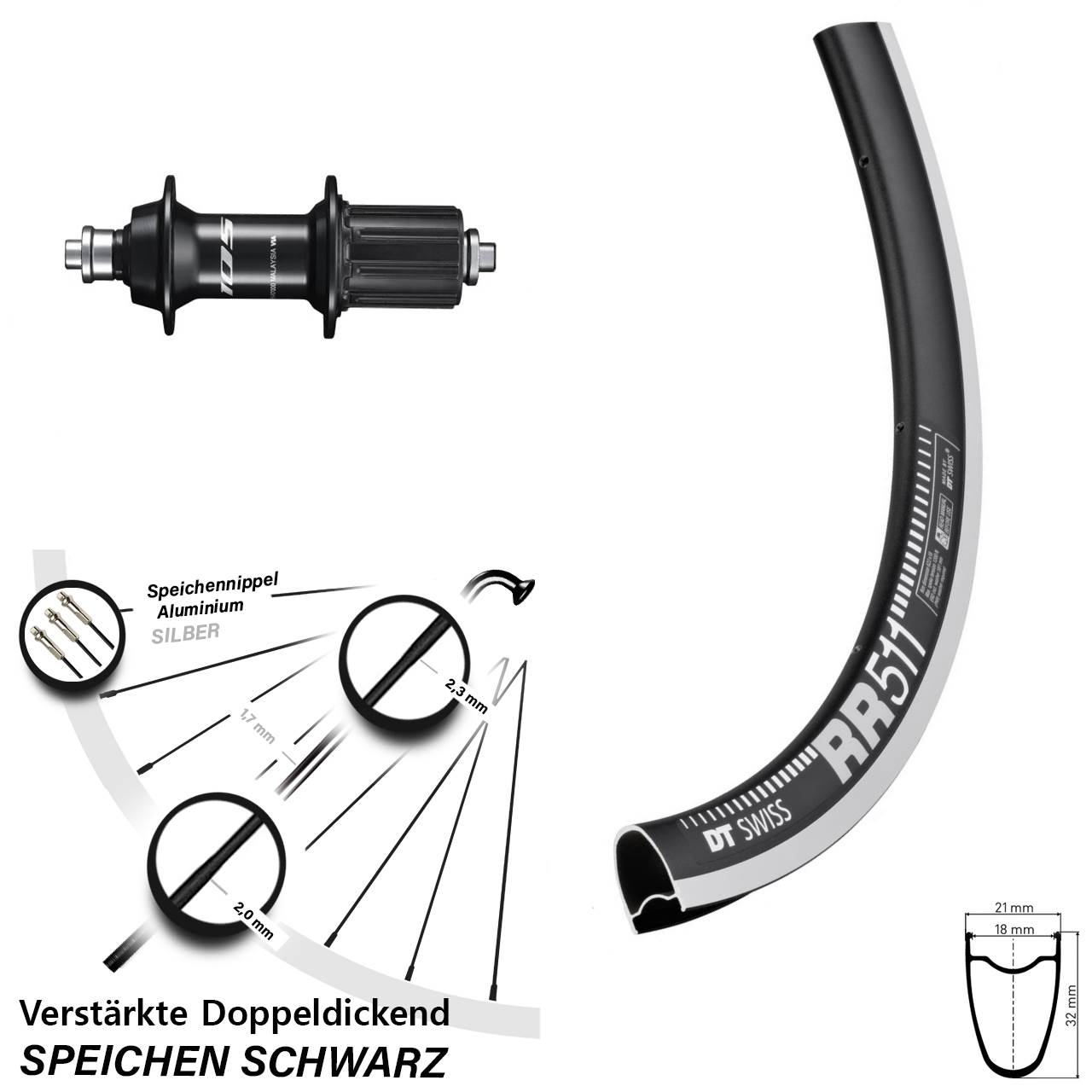 Hinterrad 28 Zoll DT Swiss RR 511 Shimano FH-R7000 8-12 fach HG QR