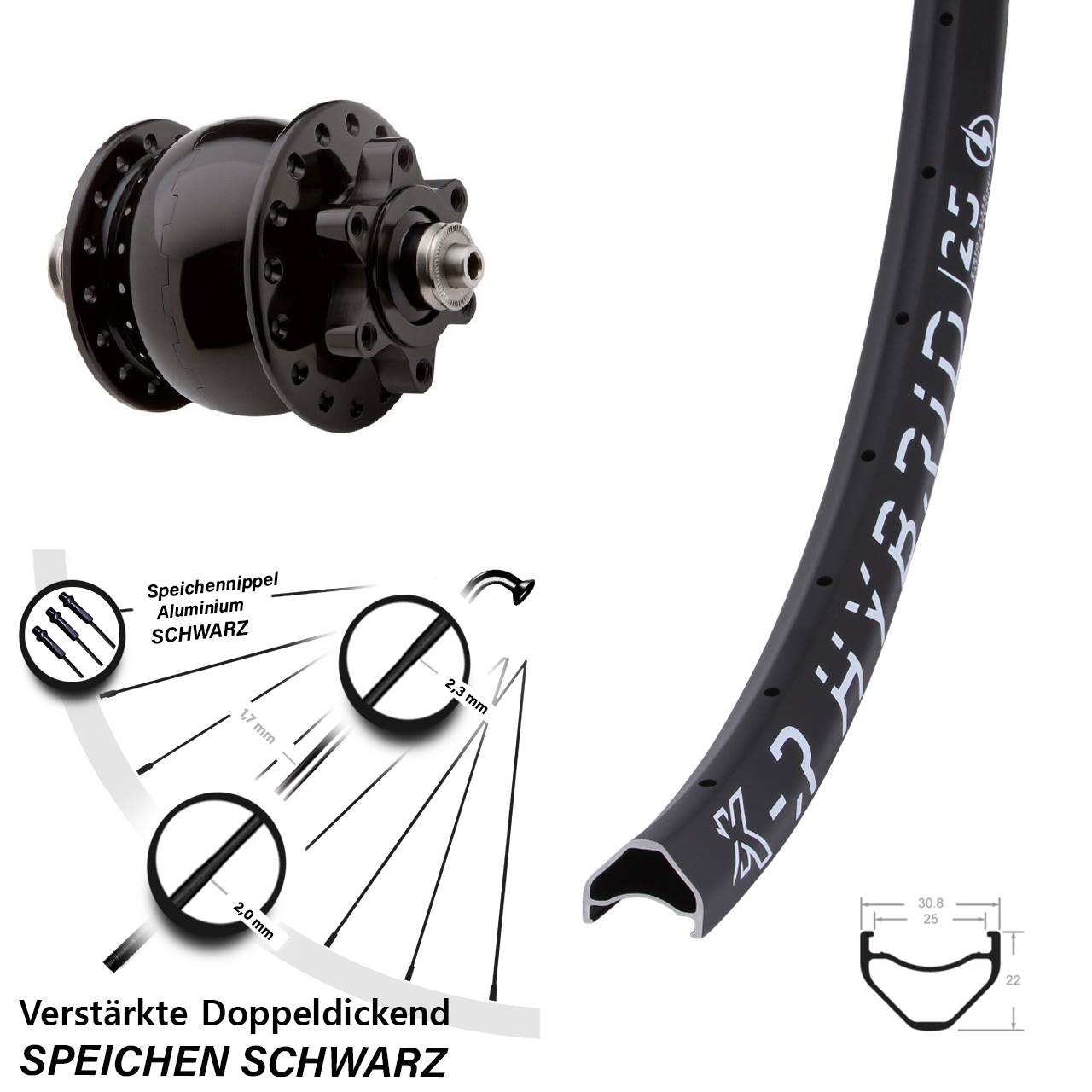 6-Loch Vorderrad mit Nabendynamo für Schnellspanner 27,5 Zoll KX-R Hybrid 25 SON 28