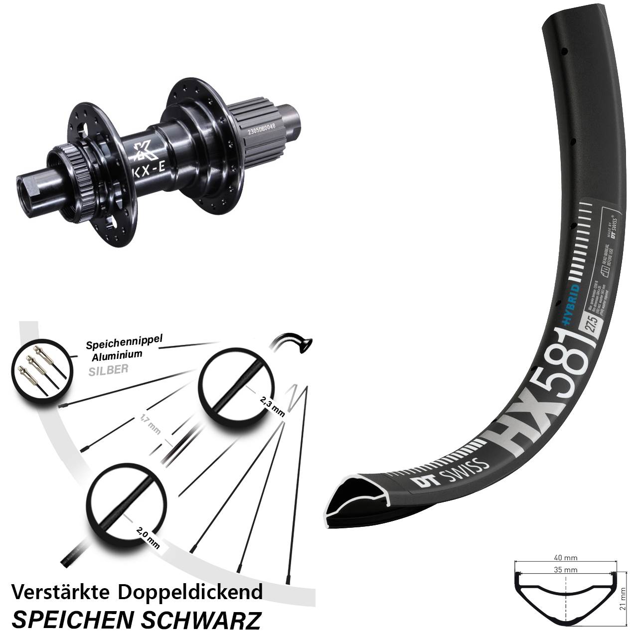 DT Swiss HX 581 Hinterrad 27,5 Zoll KX-E 12x142 mm Micro Spline Centerlock