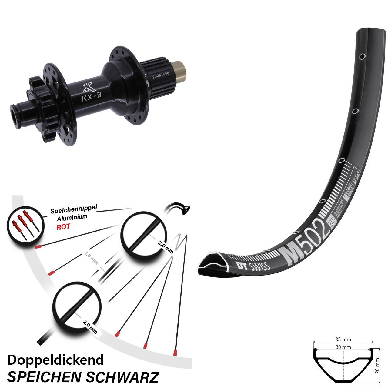 27,5 Zoll Hinterrad DT Swiss M 502 KX-B 6-Loch Micro Spline 12x148