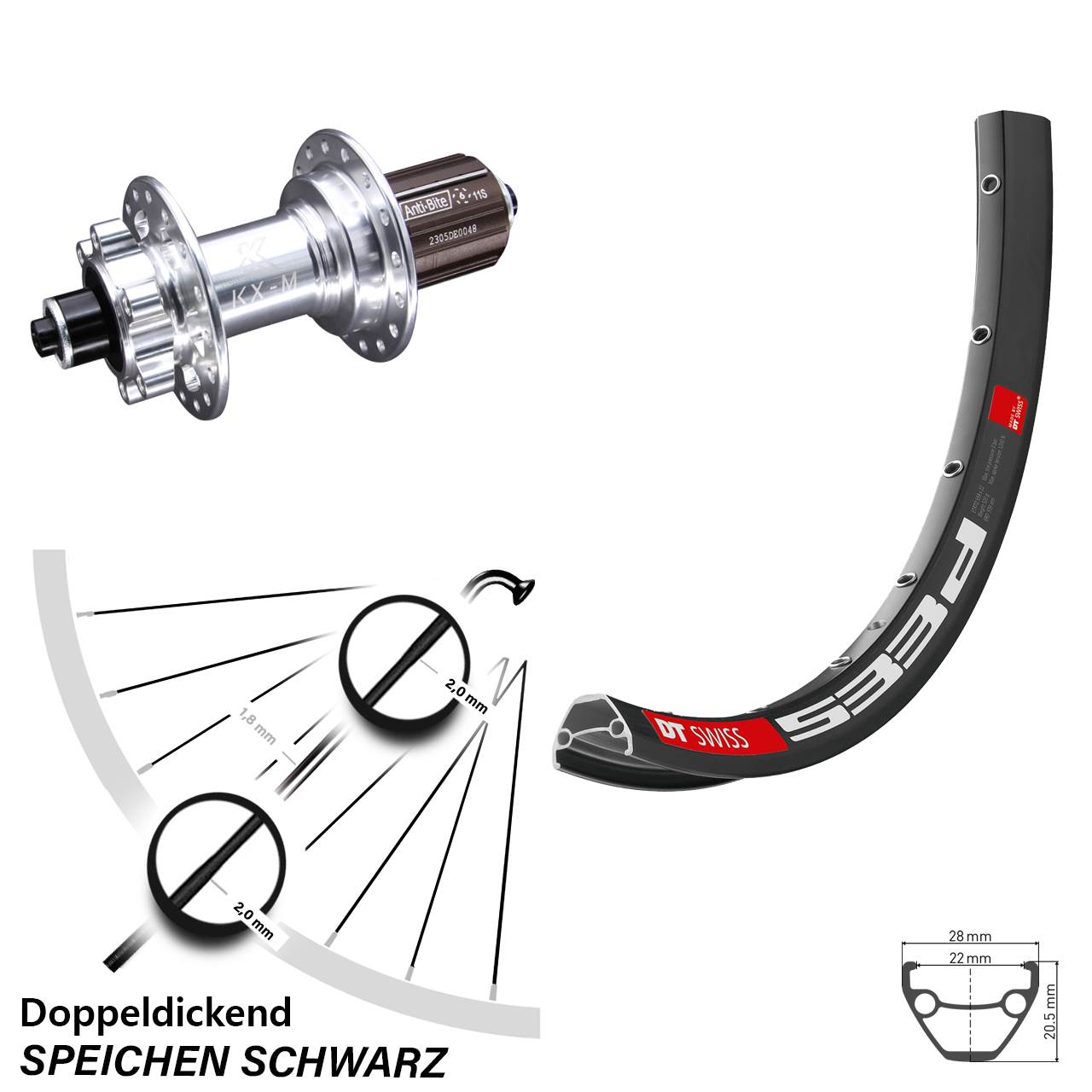 27,5 Zoll DT Swiss 533d KX-M Disc Hinterrad QR 8-12 fach HG
