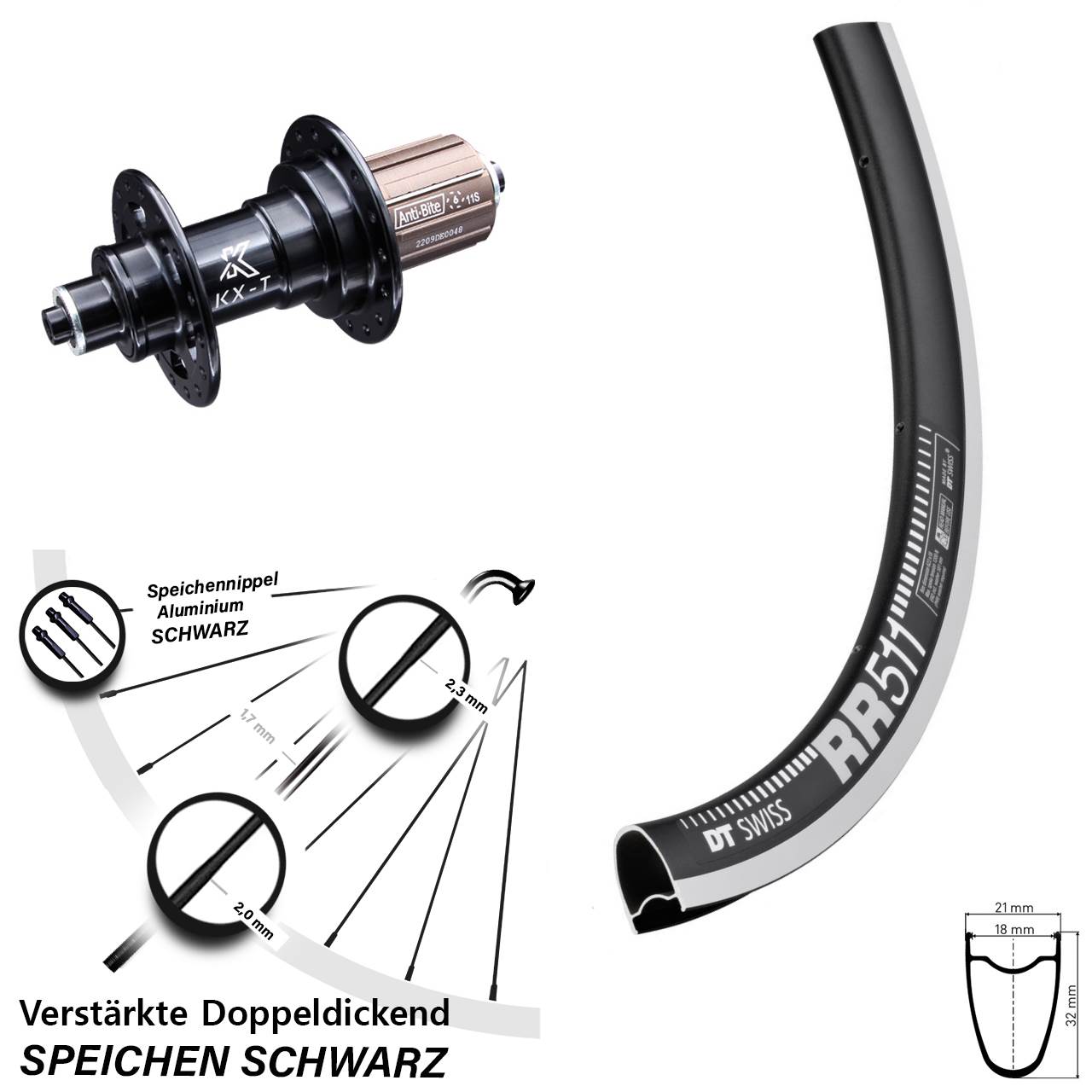 DT Swiss RR 511 KX-T 28 Zoll Hinterrad für Schnellspanner 8-12 fach HG
