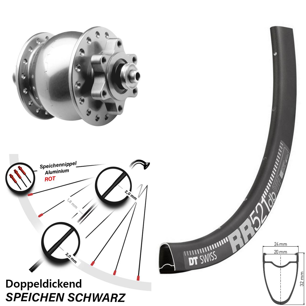 Disc Dynamo-Vorderrad für Schnellspanner 28 Zoll DT Swiss RR521 SON 28