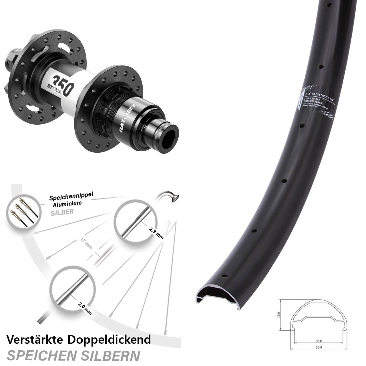 KX Mountain TR DT Swiss 350 Ratchet 36 29 Zoll Hinterrad 6-Loch 12x142 XD 11-12 fach