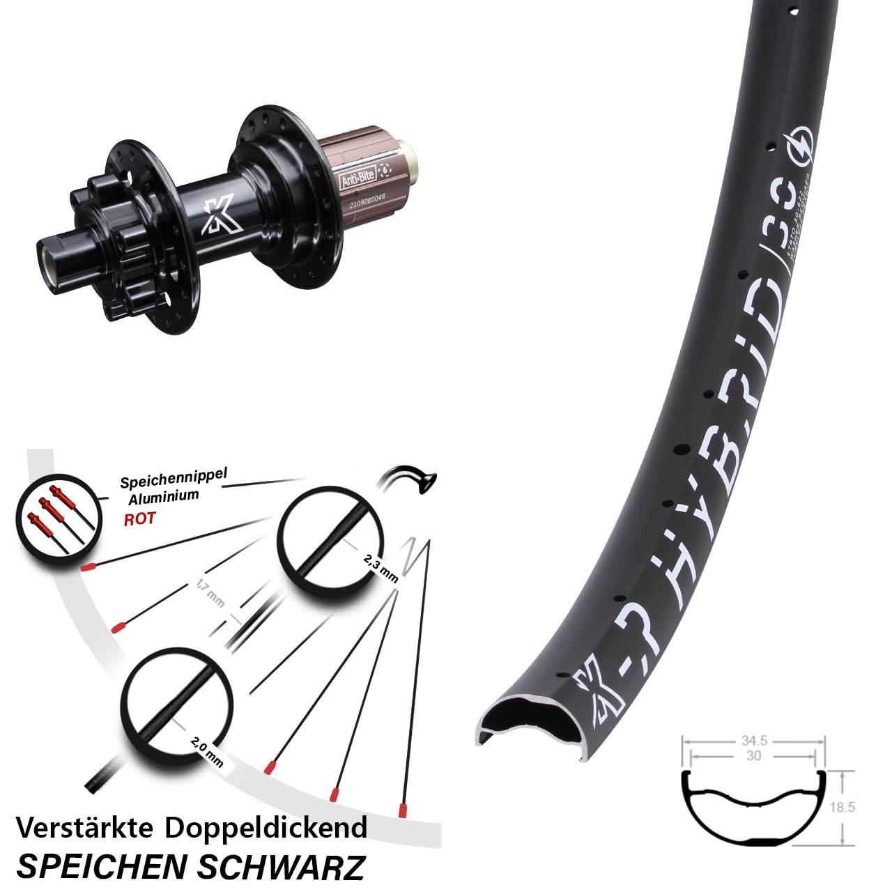 Hinterrad 29 Zoll KX-MR Hybrid 30 Disc Shimano 8-12 fach 12x142