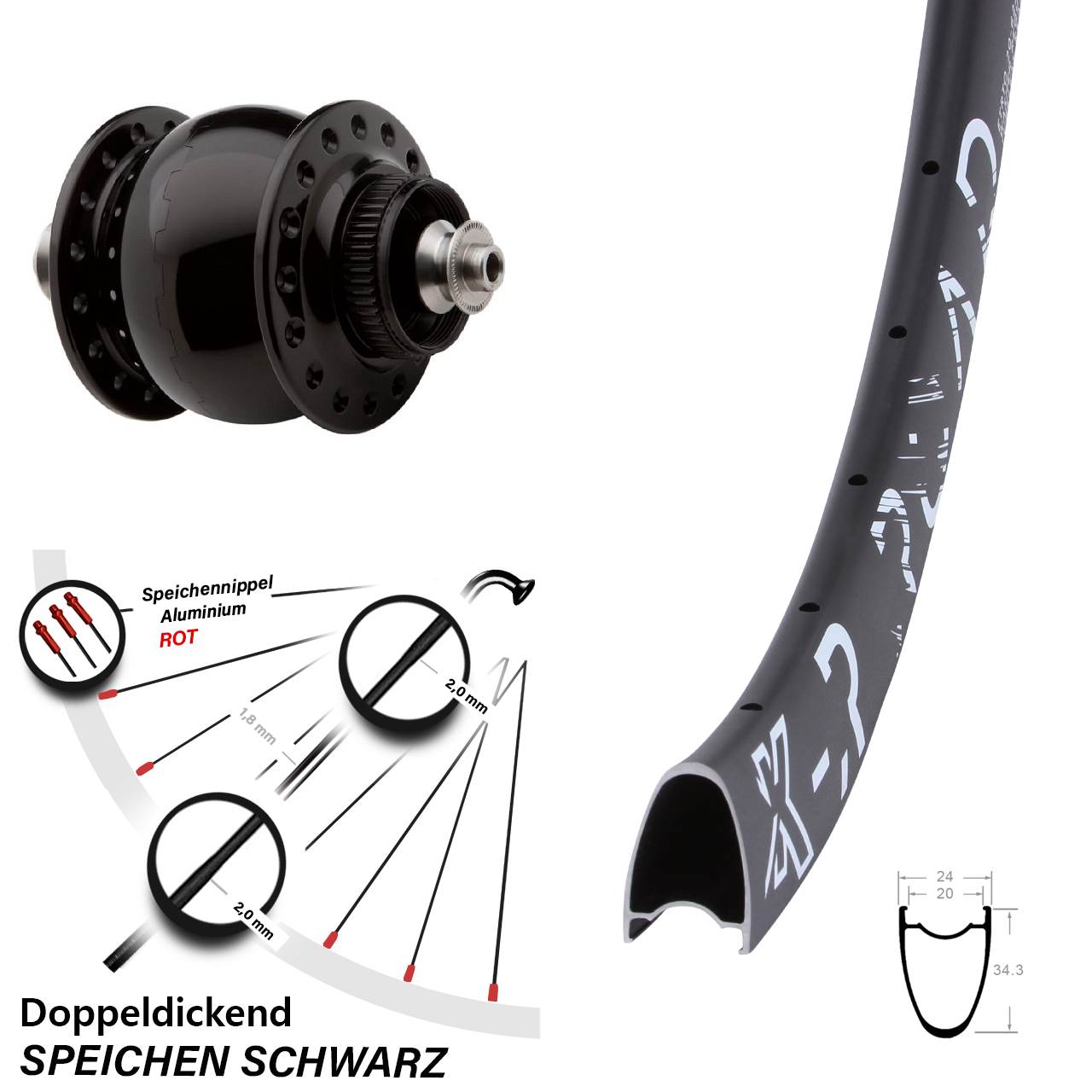 SON 28 Zoll Vorderrad mit Nabendynamo KX-R Road Schnellspanner 5x100 mm schwarz