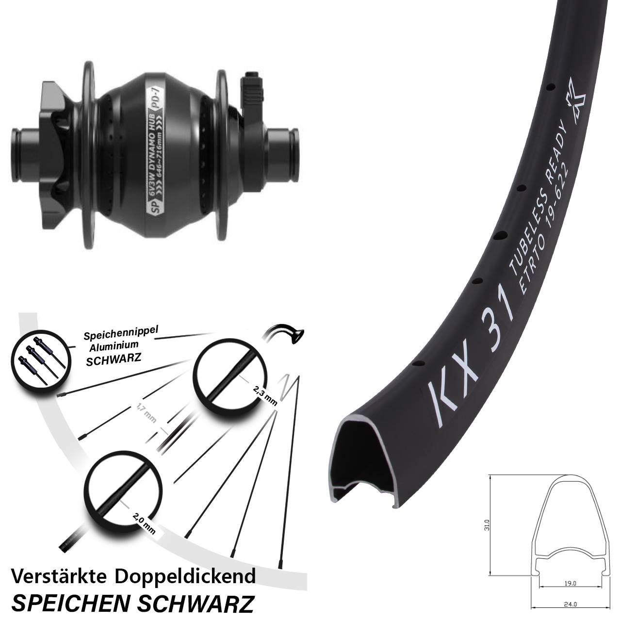 Nabendynamovorderrad 6-Loch 12x100 28 Zoll KX31 Shutter Precision PD-7