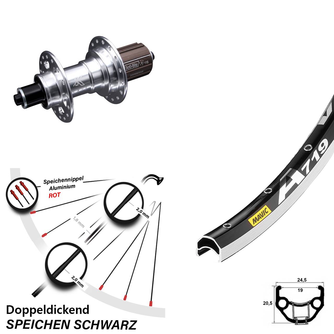 Hinterrad 28 Zoll Mavic A 719 KX-T Hinterradnabe silbern 6-fach gelagert