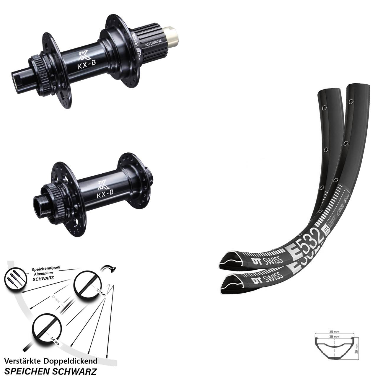 27,5 Zoll DT Swiss E532 KX-B Laufradsatz 15x110 12x148 Boost Micro Spline