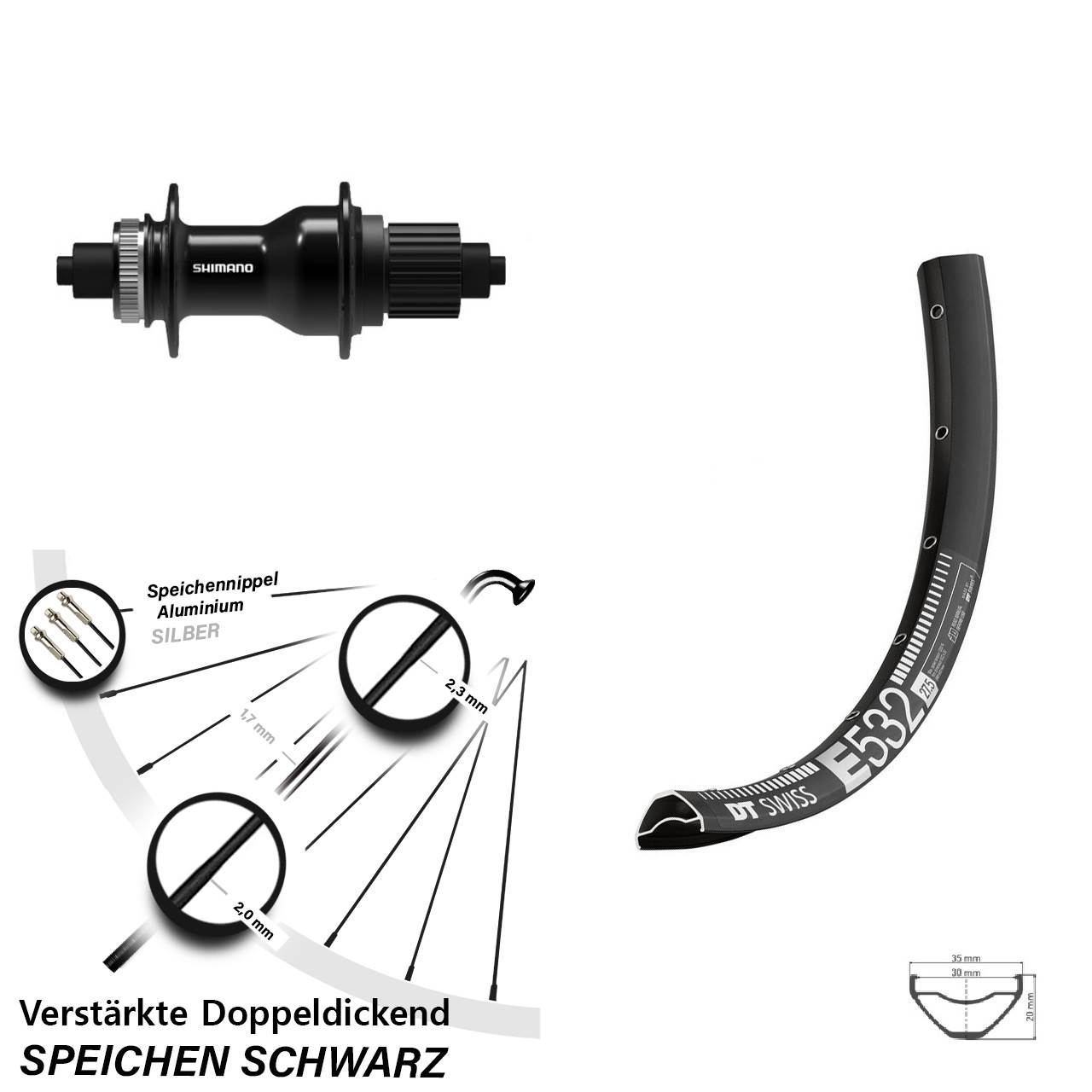 Disc Laufrad 27,5 Zoll DT Swiss E 532 Shimano FH-QC500 Micro Spline für Schnellspanner