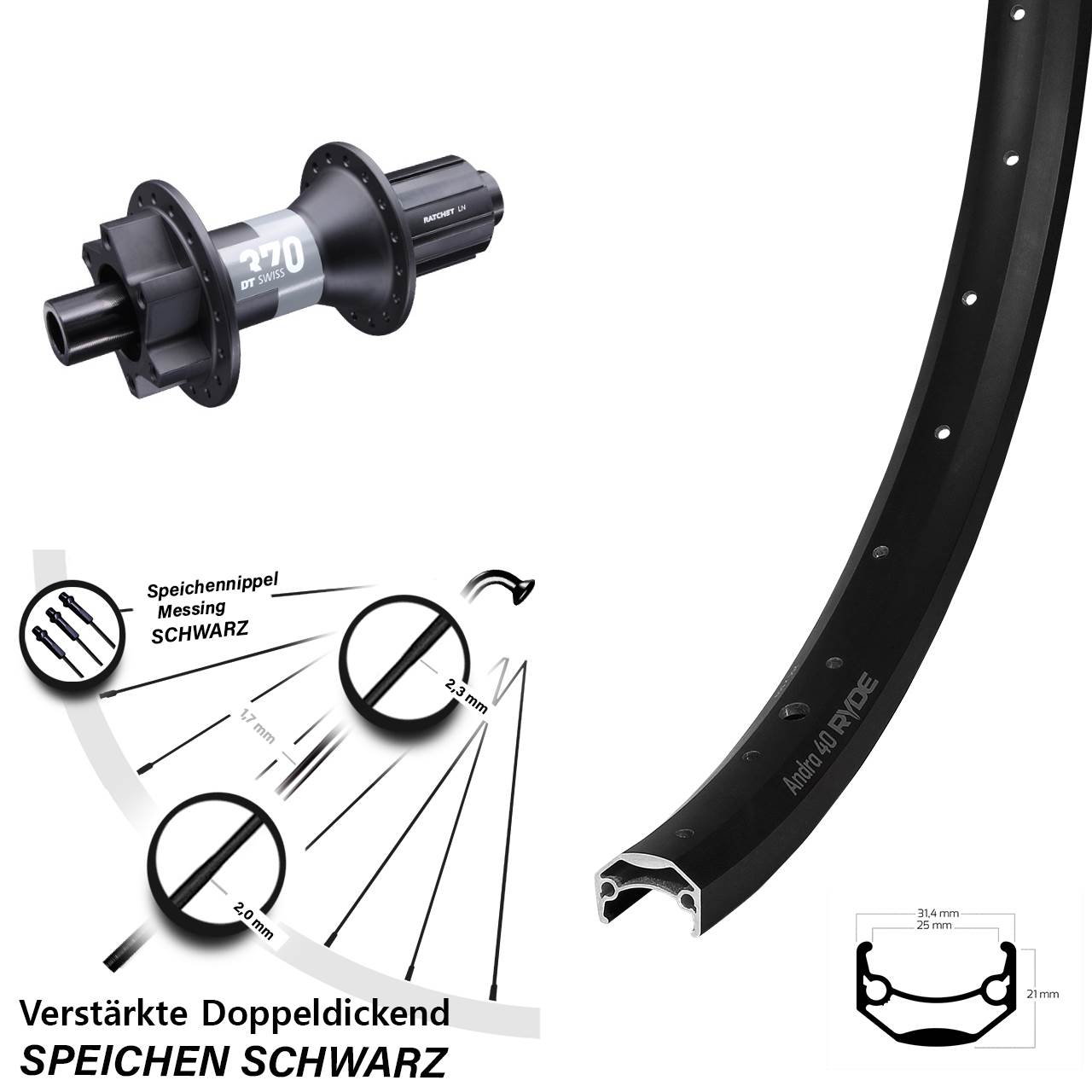 Ryde Andra 40 Disc DT Swiss 370 26 Zoll Hinterrad 6-Loch 12x148 8-11 fach HG
