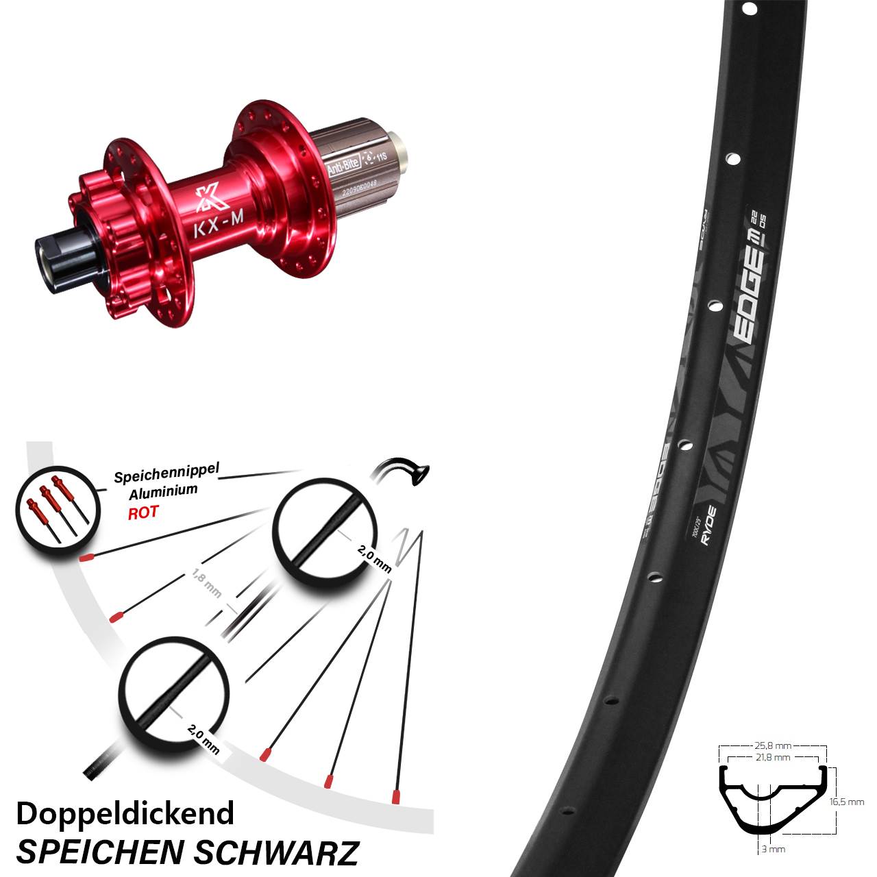 29 Zoll Hinterrad Ryde Edge M22 OS mit KX-M 11-fach 6-loch Nabe rot eloxiert Steckachse