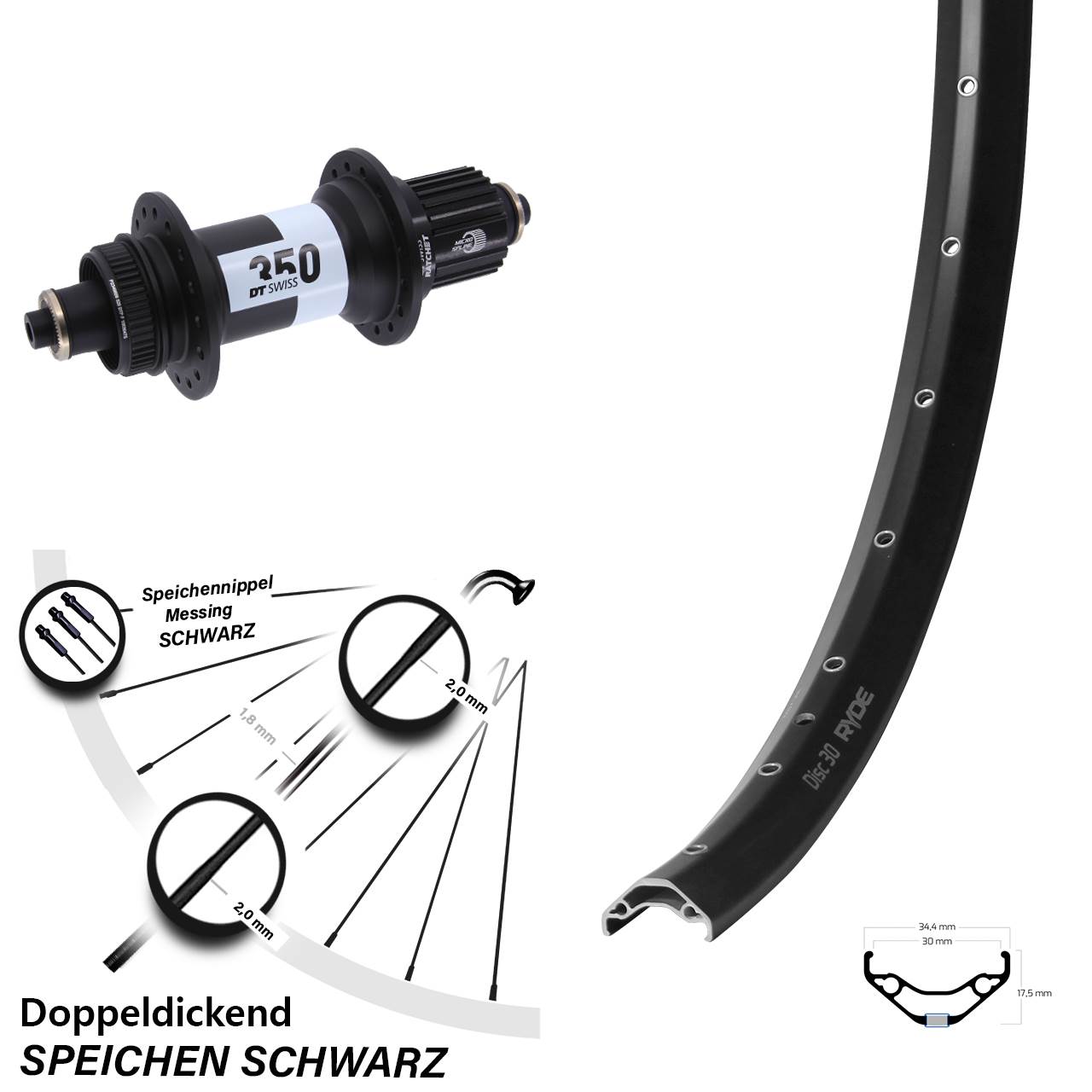 Ryde Disc 30 DT Swiss 350 29 Zoll Hinterrad Centerlock QR Boost Micro Spline
