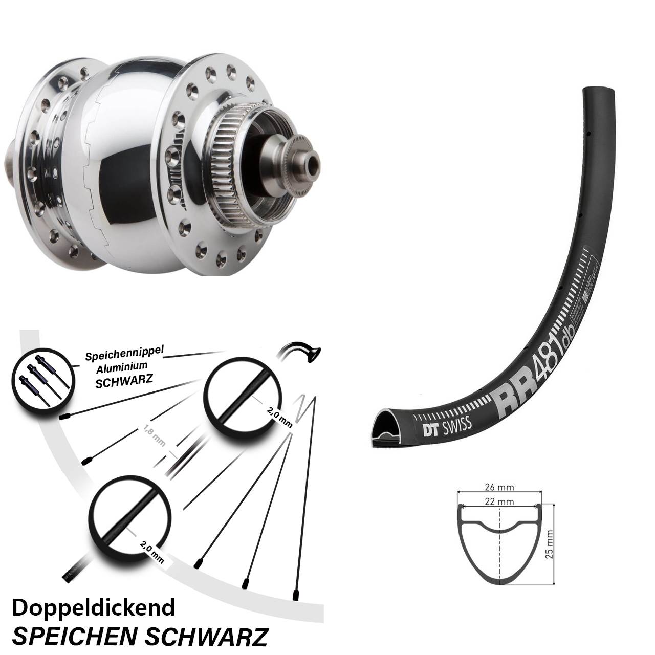 DT Swiss RR481 Vorderrad mit Nabendynamo SON 28 Zoll Disc silber poliert