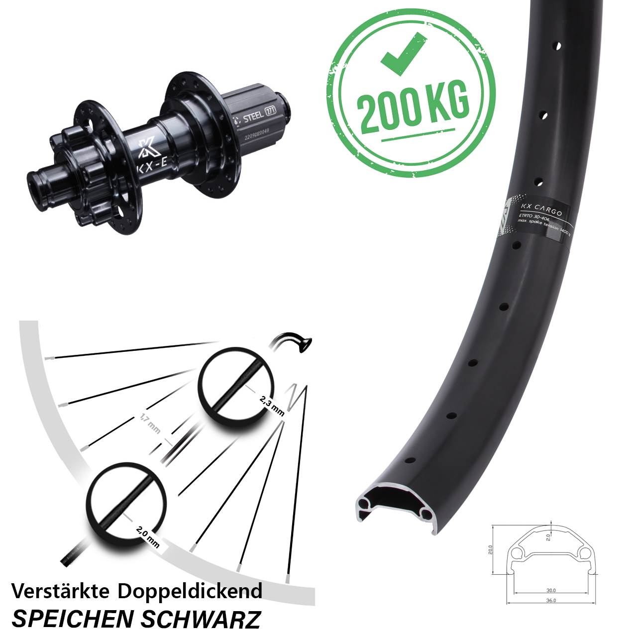 20 Zoll Hinterrad 12x142 6-loch 11-fach KX-E Cargo 30 mm breit Lastenrad E-Bike