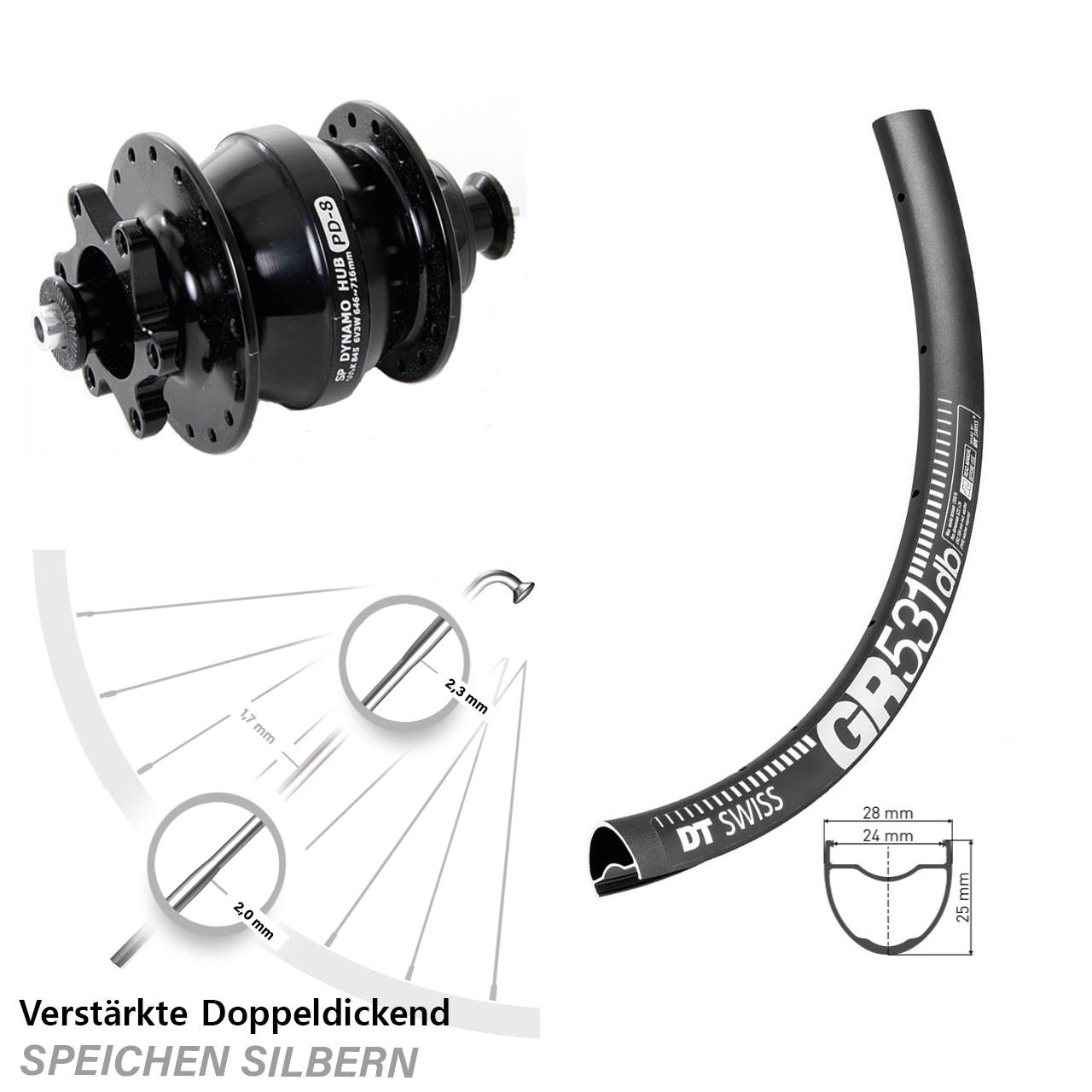Disc Laufrad mit Nabendynamo 29 Zoll DT Swiss GR 531 Shutter Precision PD-8 QR