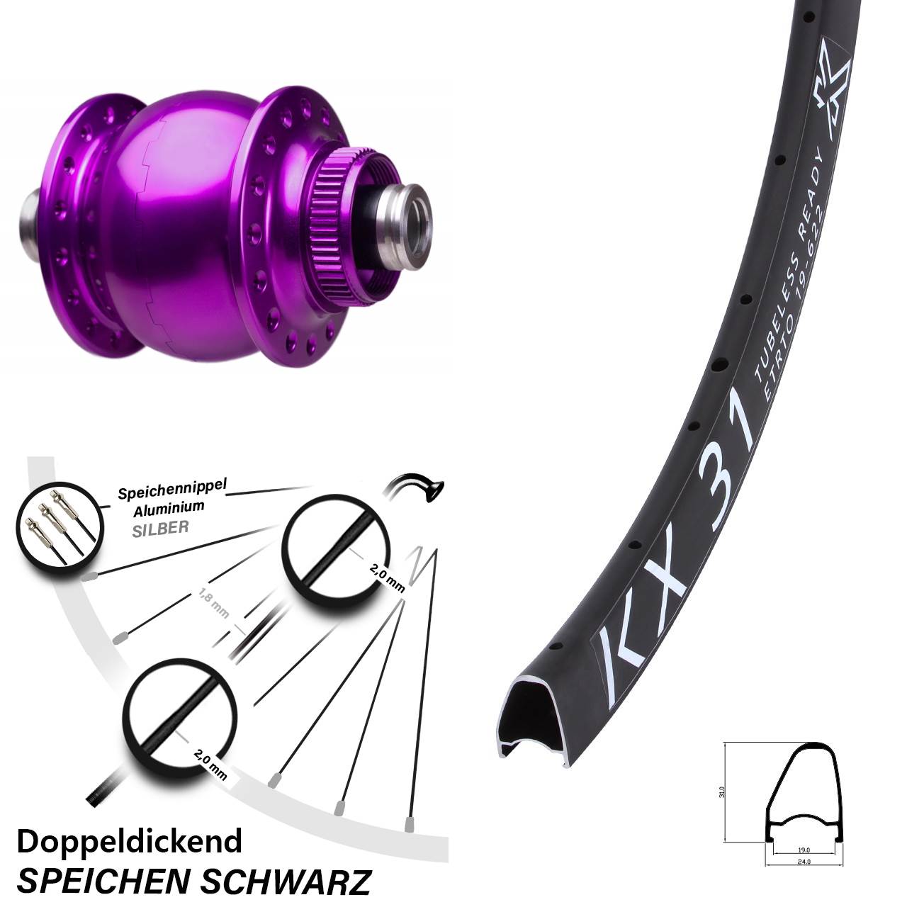 Laufrad 28 Zoll KX 31 OS Disc SON 28-12x100 Centerlock violett