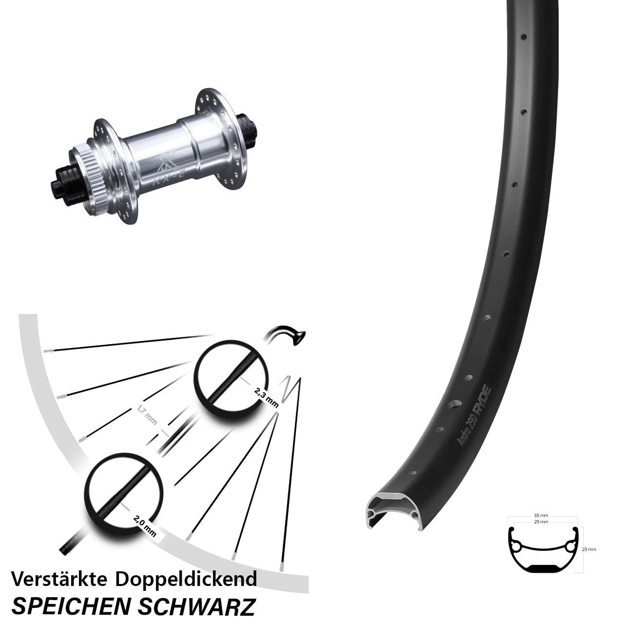 Ryde Andra 29-622 ETRTO E-Bike Vorderrad KX-E Nabe silbern-eloxiert 5x100 mm Centerlock