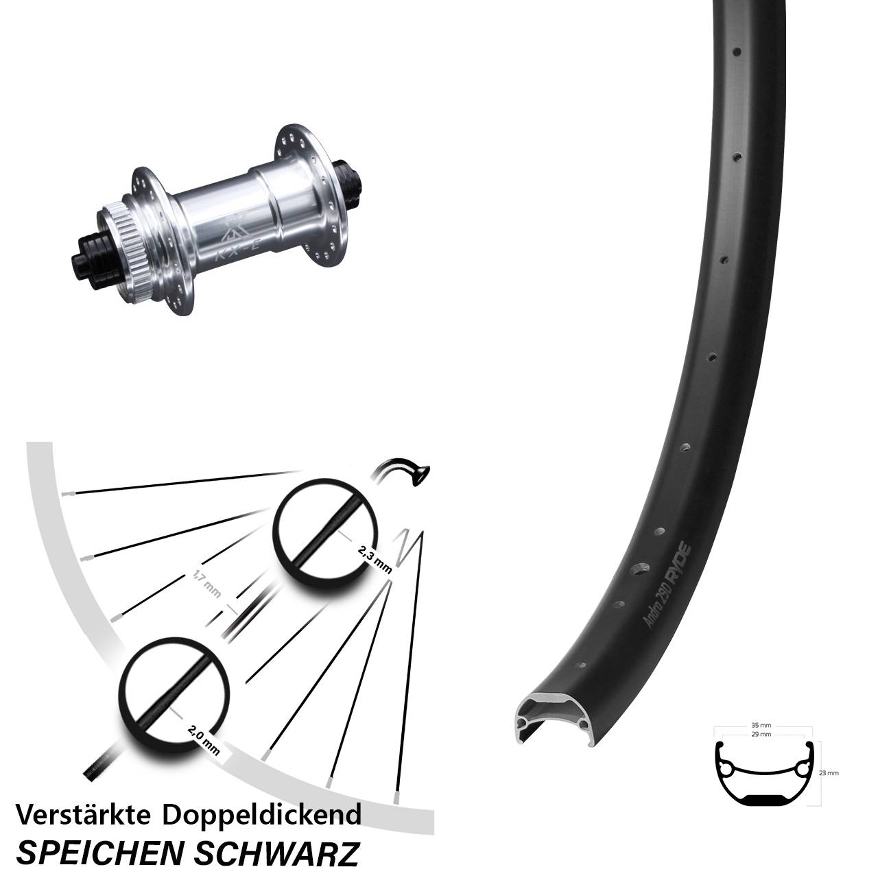 Ryde Andra 29-622 ETRTO E-Bike Vorderrad KX-E Nabe silbern-eloxiert 5x100 mm Centerlock