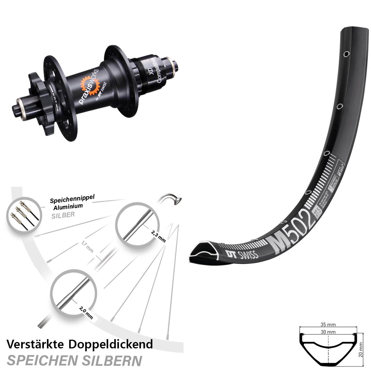 DT Swiss M502-350 29 Zoll Hinterrad 6-Loch für Schnellspanner XD