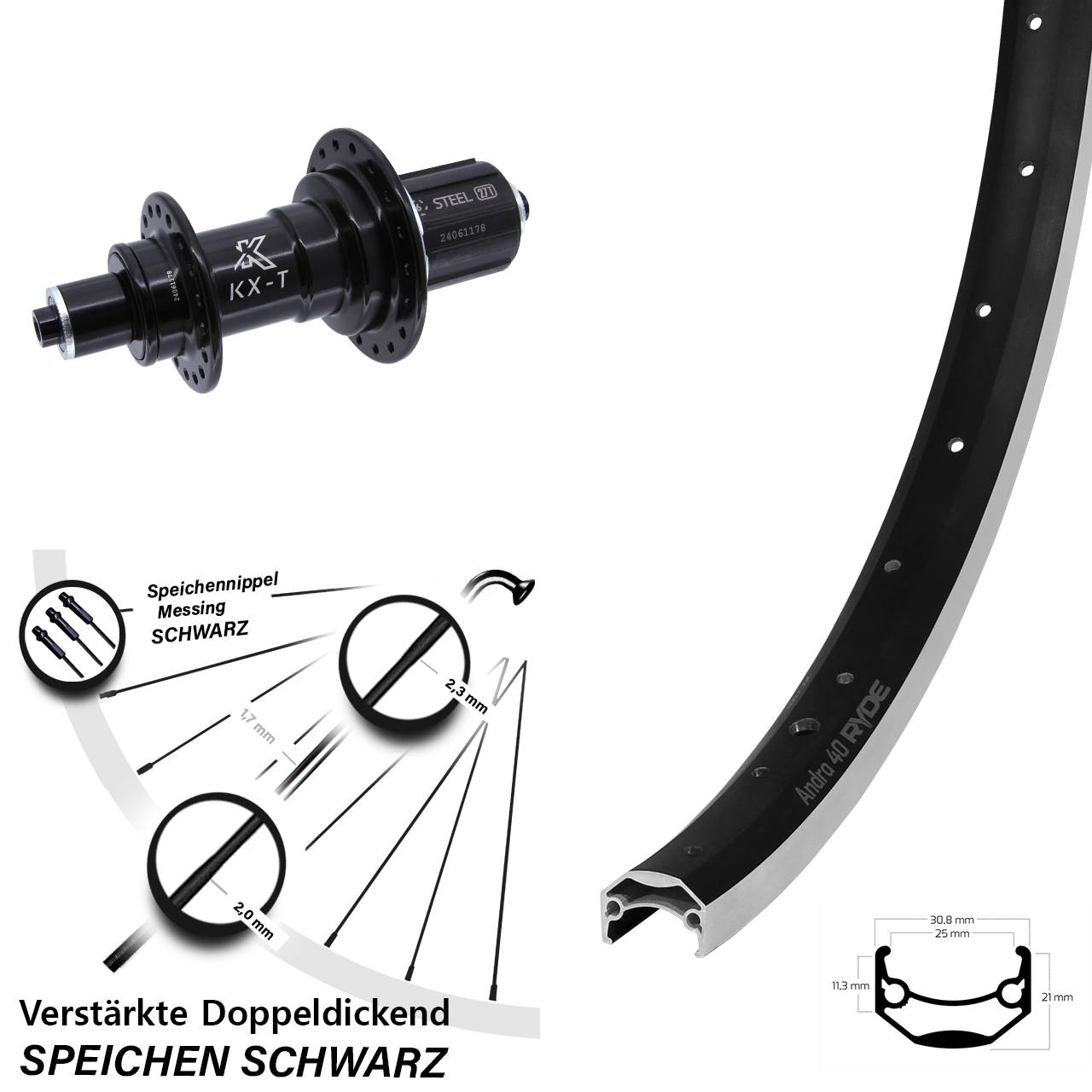 Hinterrad 20 Zoll Ryde Andra 40 KX-TS 8-12 fach HG für Schnellspanner