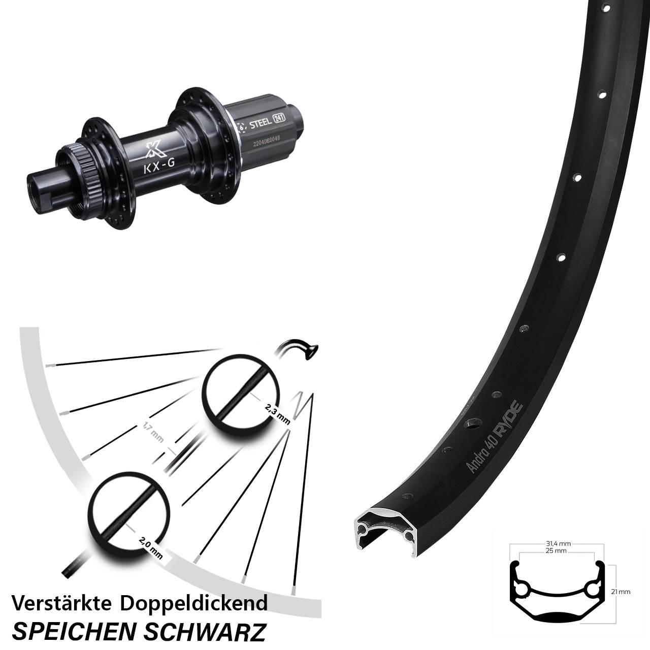 Ryde Andra 40 KX-GS Stahl Freilauf 26 Zoll Centerlock Hinterrad 12x142 8-12 fach HG