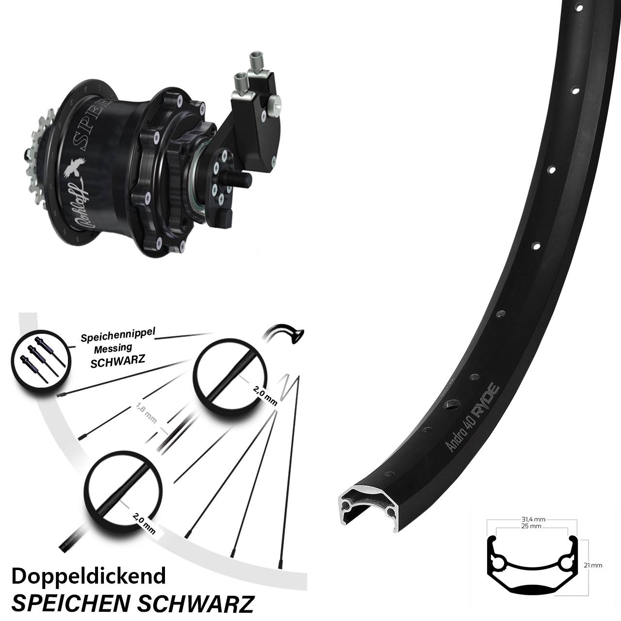 Hinterrad 27,5 Zoll Ryde Andra 40 Disc Rohloff Speedhub 500/14 TS DB OEM Tandem schwarz