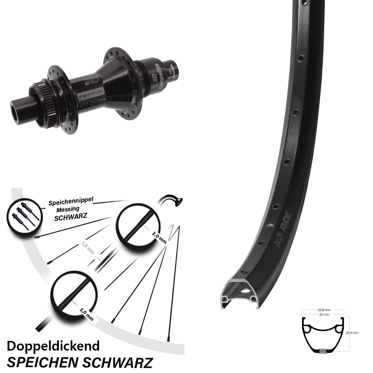 Ryde ZAC 25 DT Swiss 370 28 Zoll Disc Hinterrad 12x142 SRAM XD