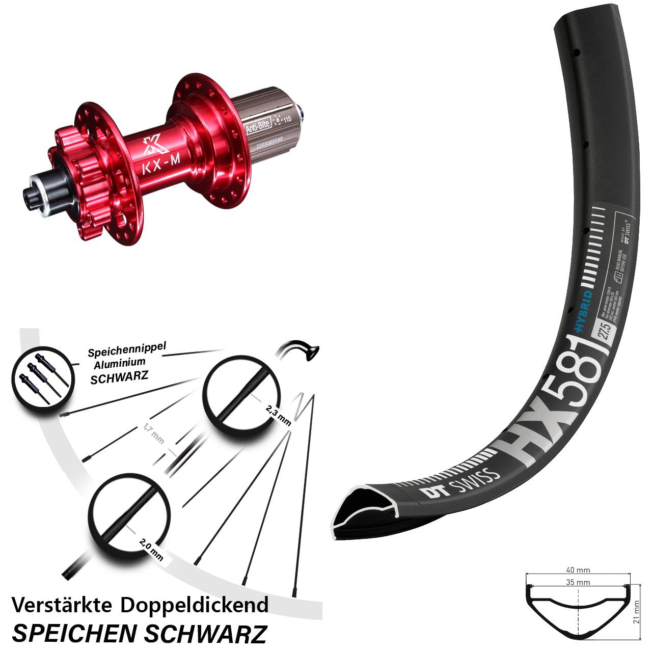 6-Loch Hinterrad für Schnellspanner 27,5 Zoll DT Swiss HX 581 KX-M rot 8-12 fach HG
