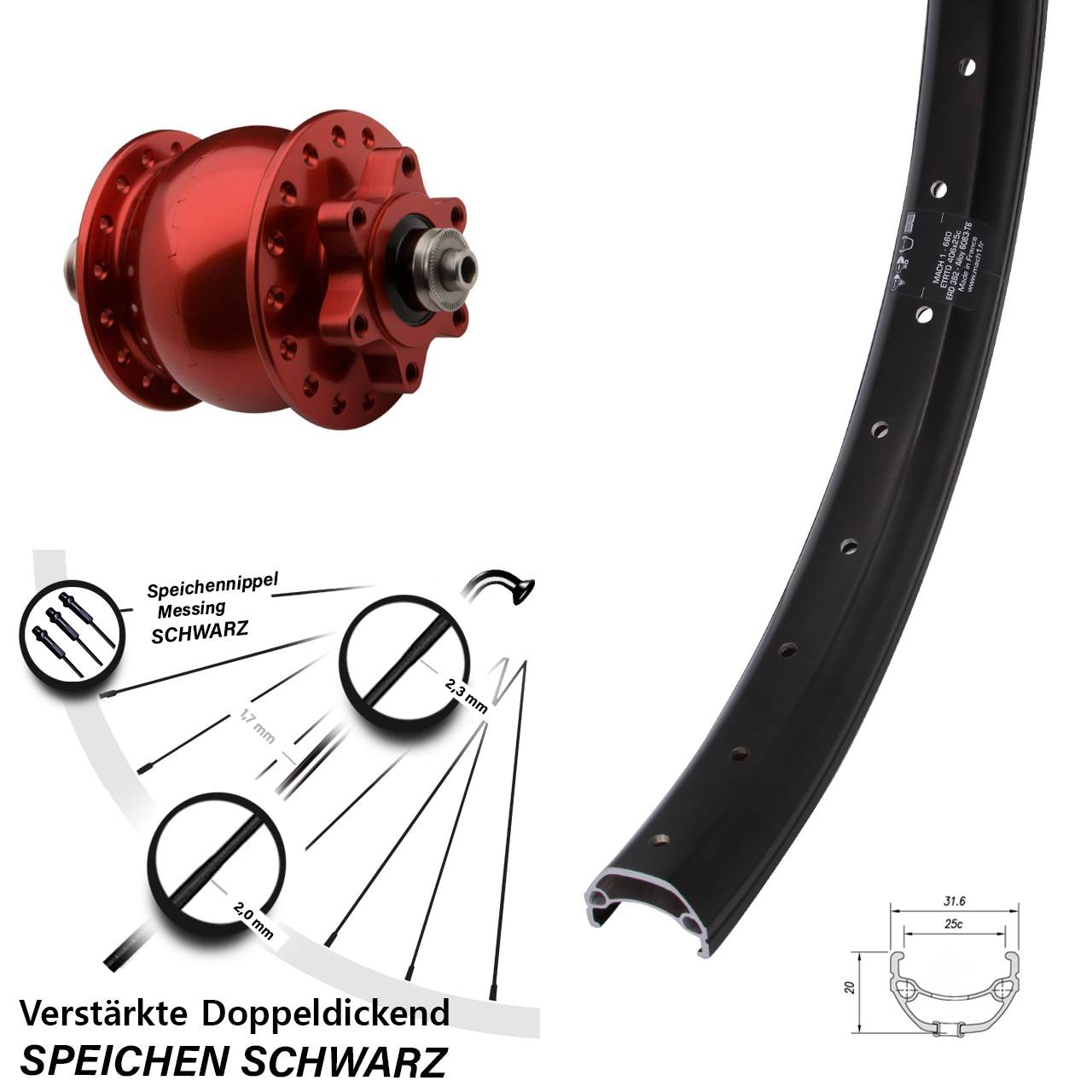 20 Zoll Mach1 Kargo SON 28 Disc 6-Loch rot Nabendynamolaufrad QR