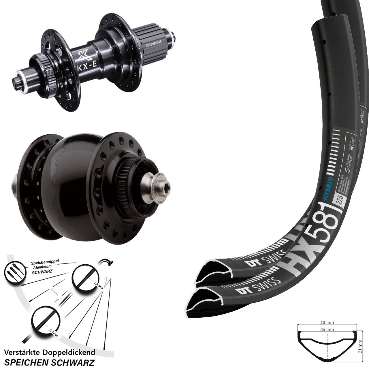 Disc Laufrad-Satz QR 27,5 Zoll DT Swiss HX 581 KX-E Heavy Duty SON 28 Micro Spline