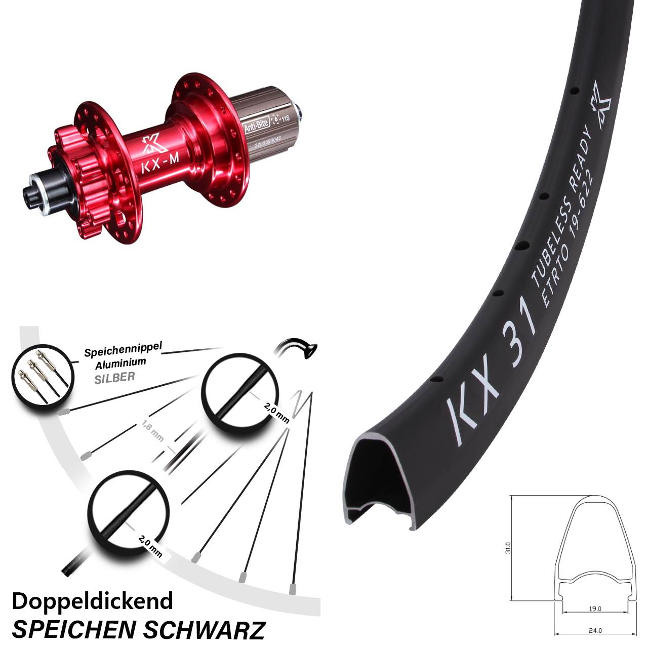 KX31 KX-M rot 28 Zoll Disc Hinterrad QR 8-12 fach