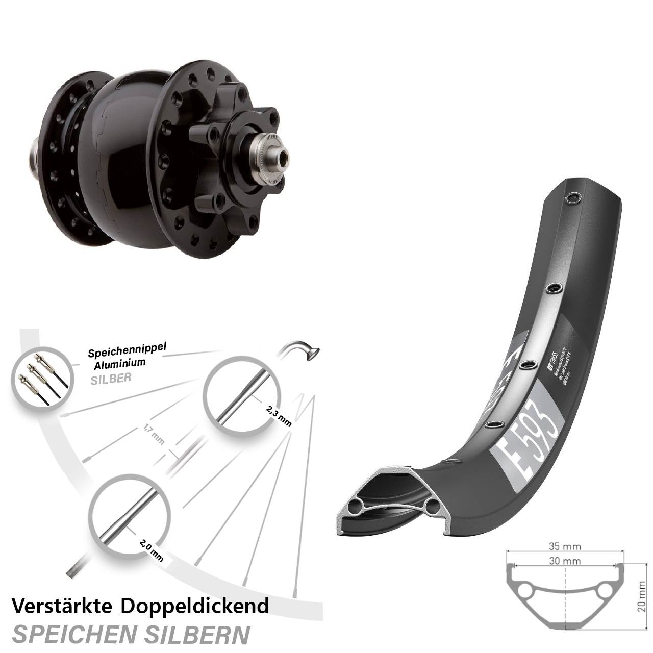 Nabendynamovorderrad 6-Loch 29 Zoll DT Swiss E593 SON 28 für Schnellspanner