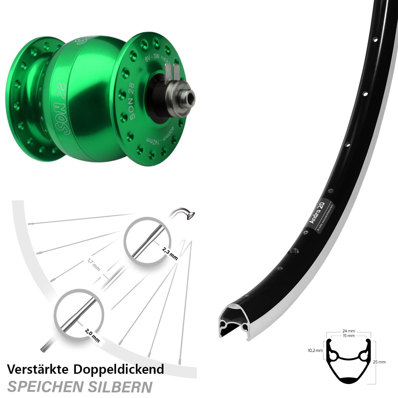 Nabendynamolaufrad grüner SON 28 Zoll Ryde Andra 20 für Schnellspanner