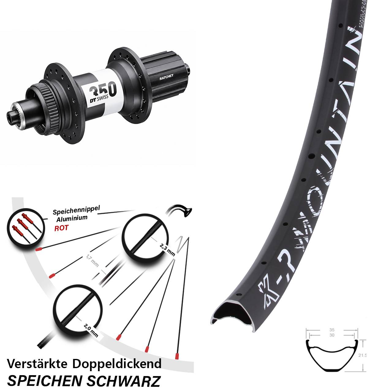 29 Zoll KX-R Mountain DT Swiss 350 Ratchet 36 Centerlock Hinterrad QR Boost 8-11 fach