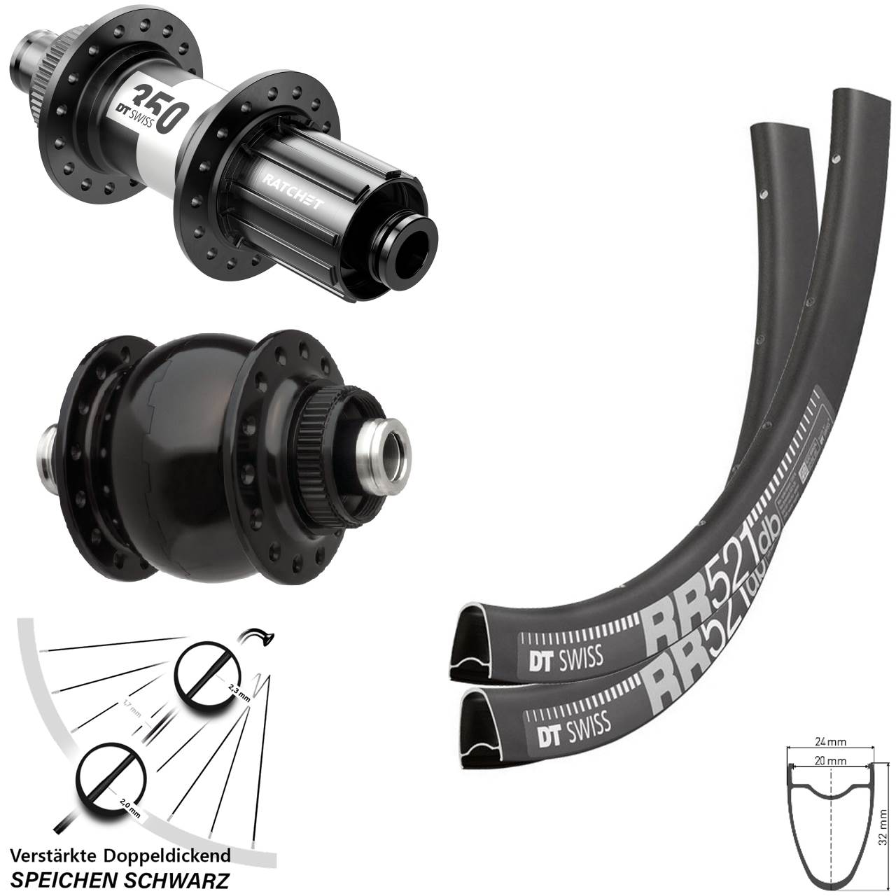 28 Zoll DT Swiss RR 521-350 Road SONdelux Disc Laufradsatz 12x100/142 11-12 fach