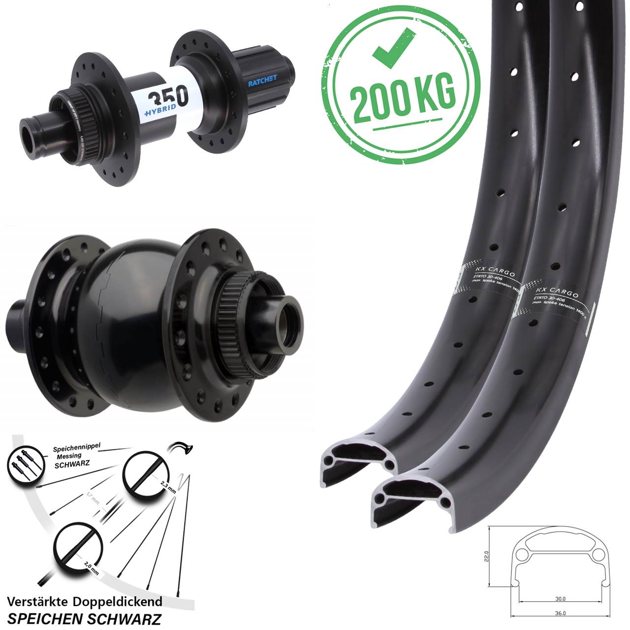 Centerlock Laufradsatz 15x110 12x148 20 Zoll KX Cargo DT Swiss Hybrid 350 SON 28 8-11 fach