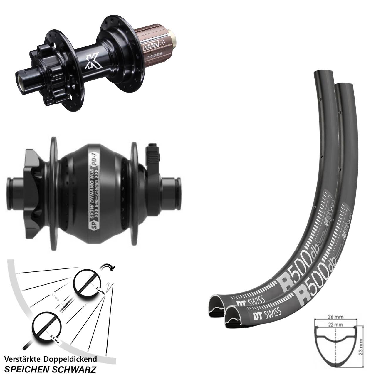 Laufradsatz 28 Zoll DT Swiss R500 6-Loch 12x100/142 schwarz SP PD-7 Dynamo KX-M 8-12 fach