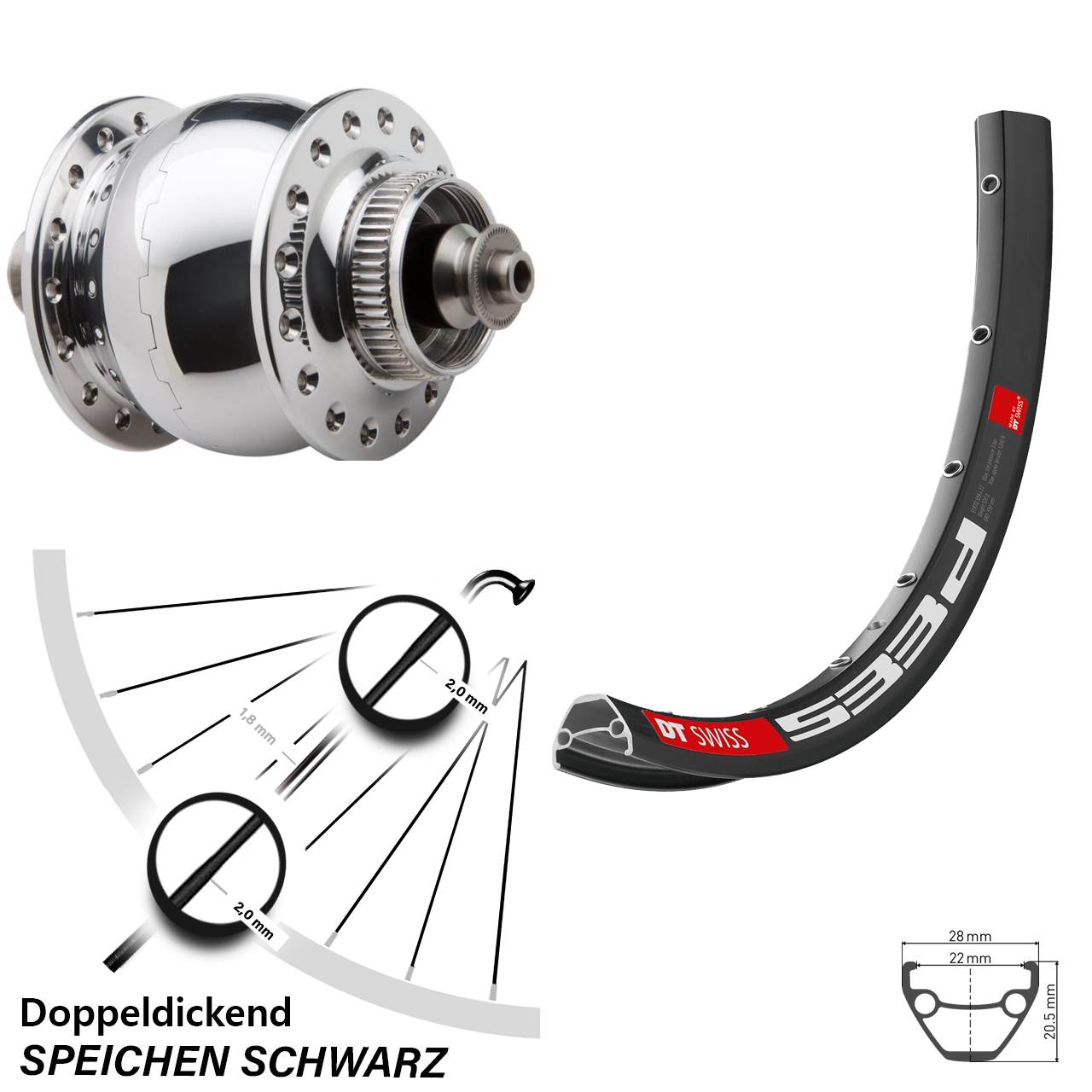 29 Zoll DT Swiss Vorderrad 533 SON 28 silber poliert Nabendynamo Centerlock