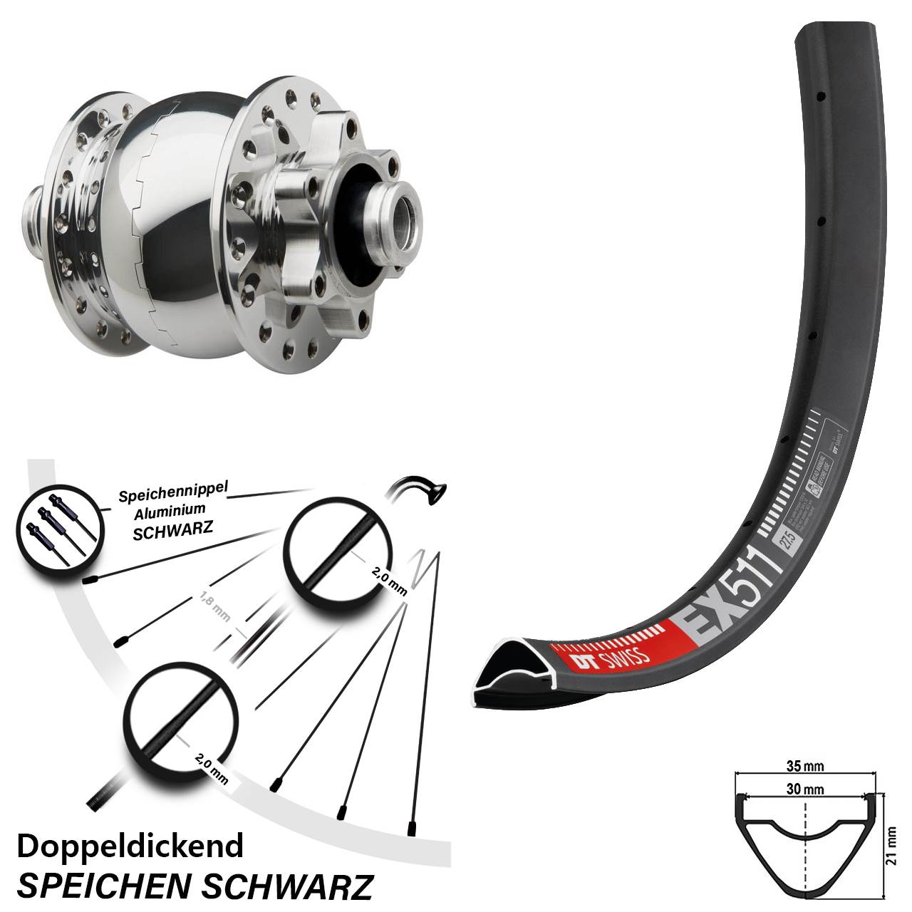 Disc Laufrad mit Nabendynamo 29 Zoll DT Swiss EX511 SON 28 poliert 12x100