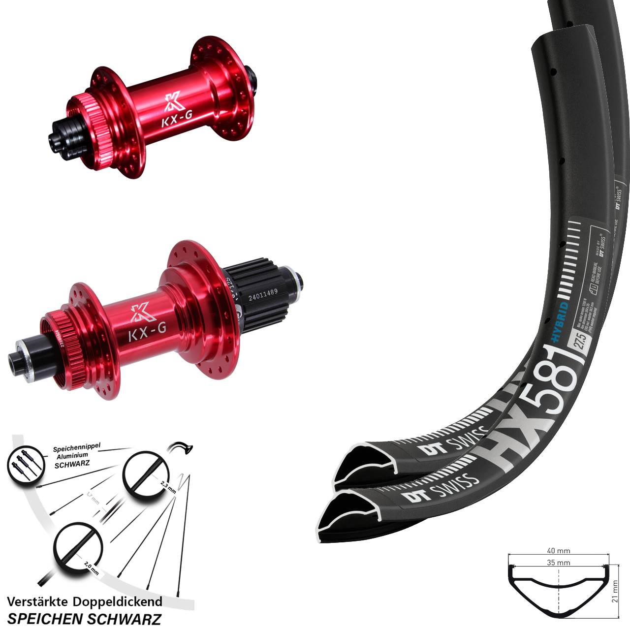 Centerlock Laufradsatz 27,5 Zoll DT Swiss HX 581 KX-G rot Micro Spline für Schnellspanner