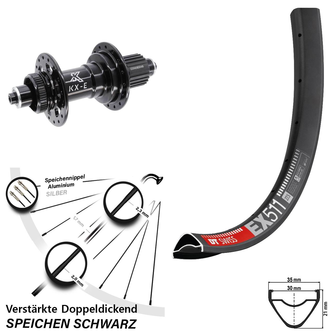 29 Zoll DT Swiss EX511 KX-E Hinterrad Centerlock für Schnellspanner Boost Micro Spline
