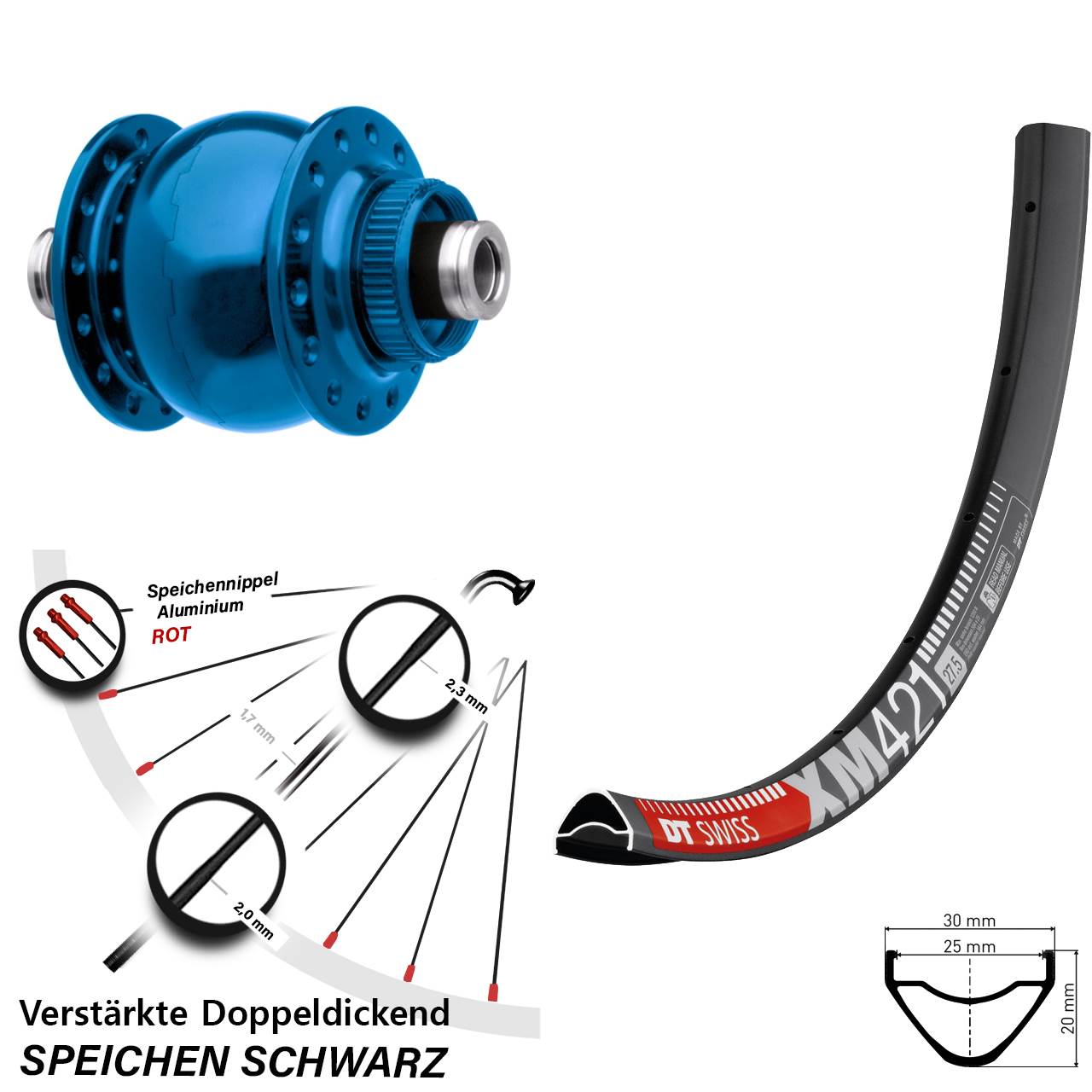 Disc Vorderrad mit Nabendynamo 12x100 29 Zoll DT Swiss XM421 SON 28 blau
