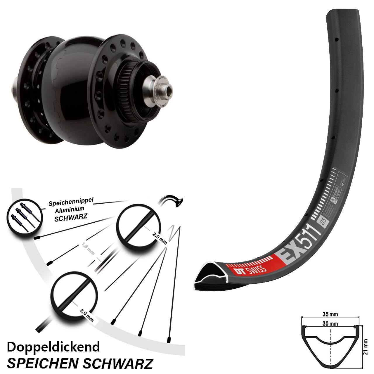 27,5 Zoll Nabendynamolaufrad DT Swiss EX 511 SON 28 QR Centerlock