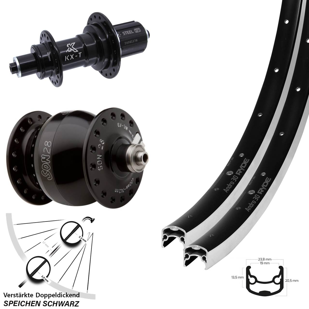 28 Zoll Ryde Andra 30 KX-TS Heavy Duty SON 28 Laufradsatz für Schnellspanner 8-12 fach HG