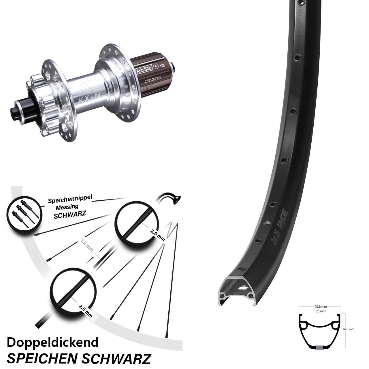 Ryde ZAC 25 KX-M 28-29 Zoll Hinterrad 6-Loch QR 8-12 fach