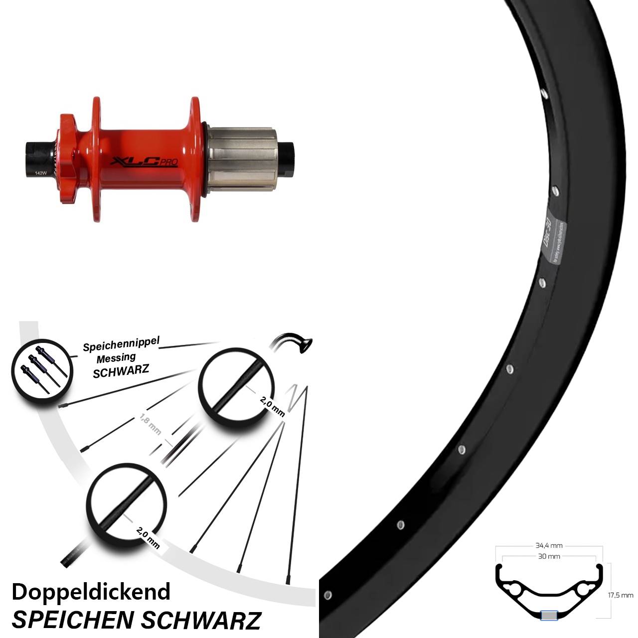 Hinterrad 29 Zoll Ryde Disc 30 XLC rot 8-11 fach 12x142
